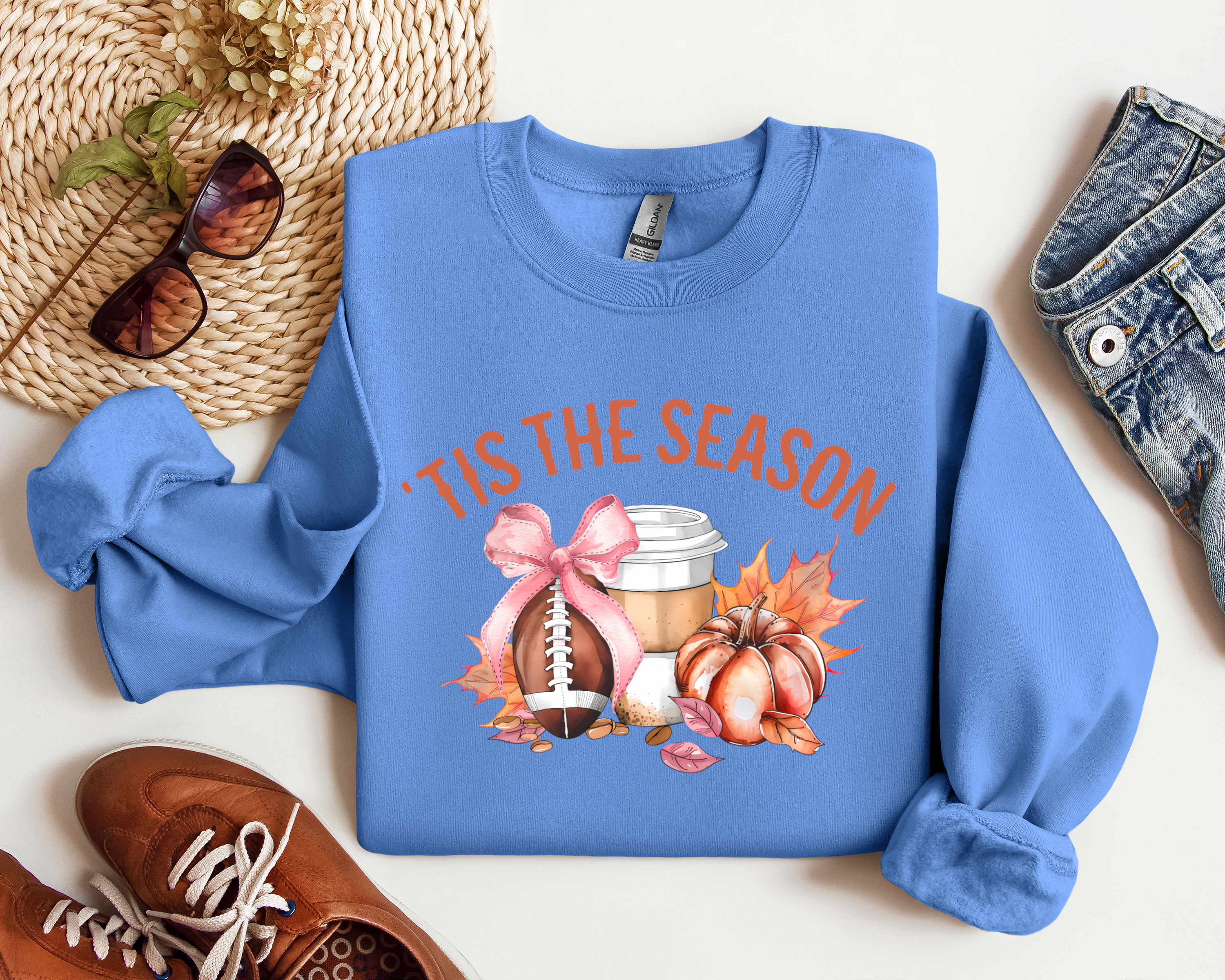 Tis the Season Coquette Graphic Crewneck, Football, Pumpkin