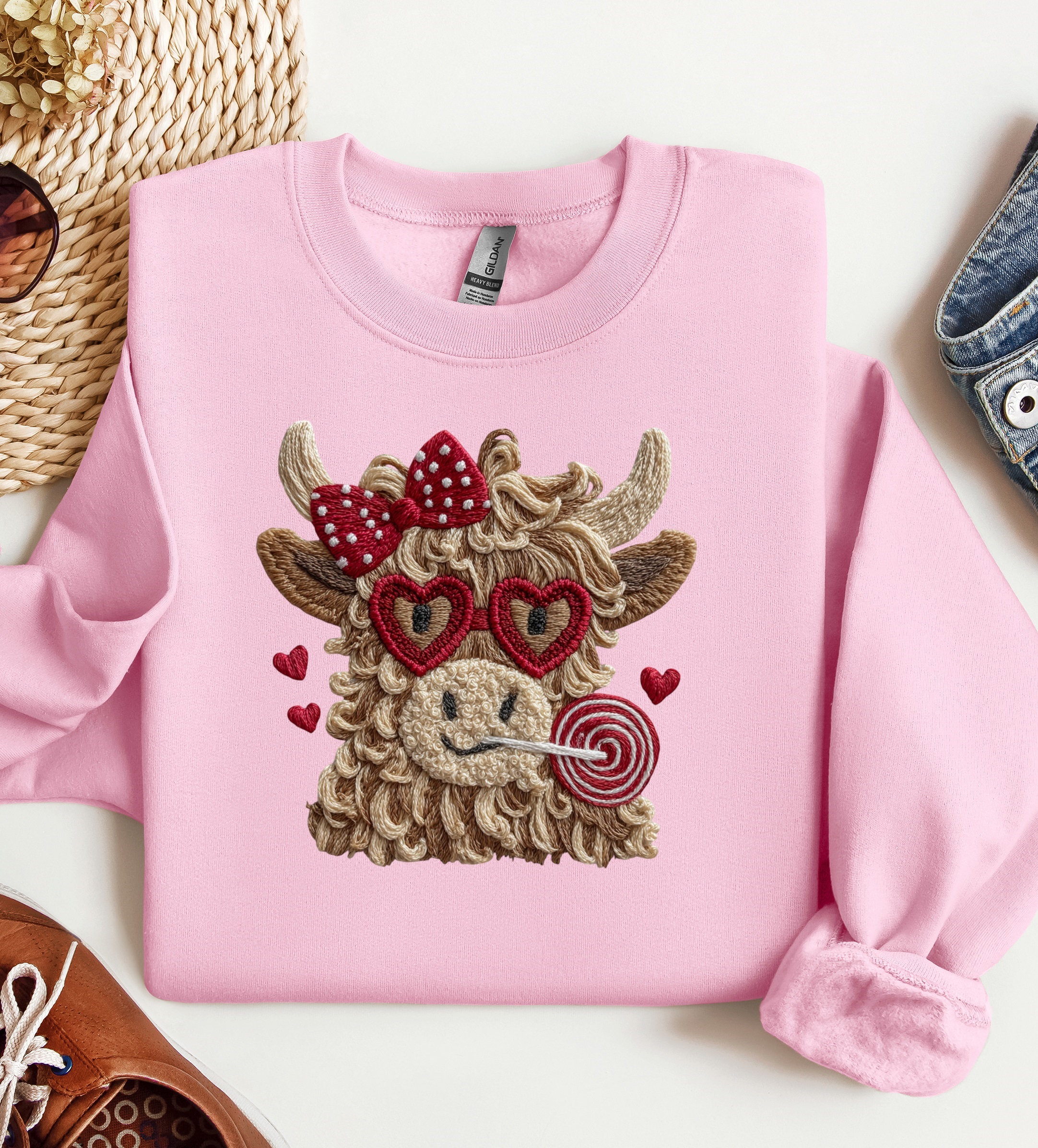 Highland Cow Red Bow Valentine Crewneck, Graphic Sweatshirt