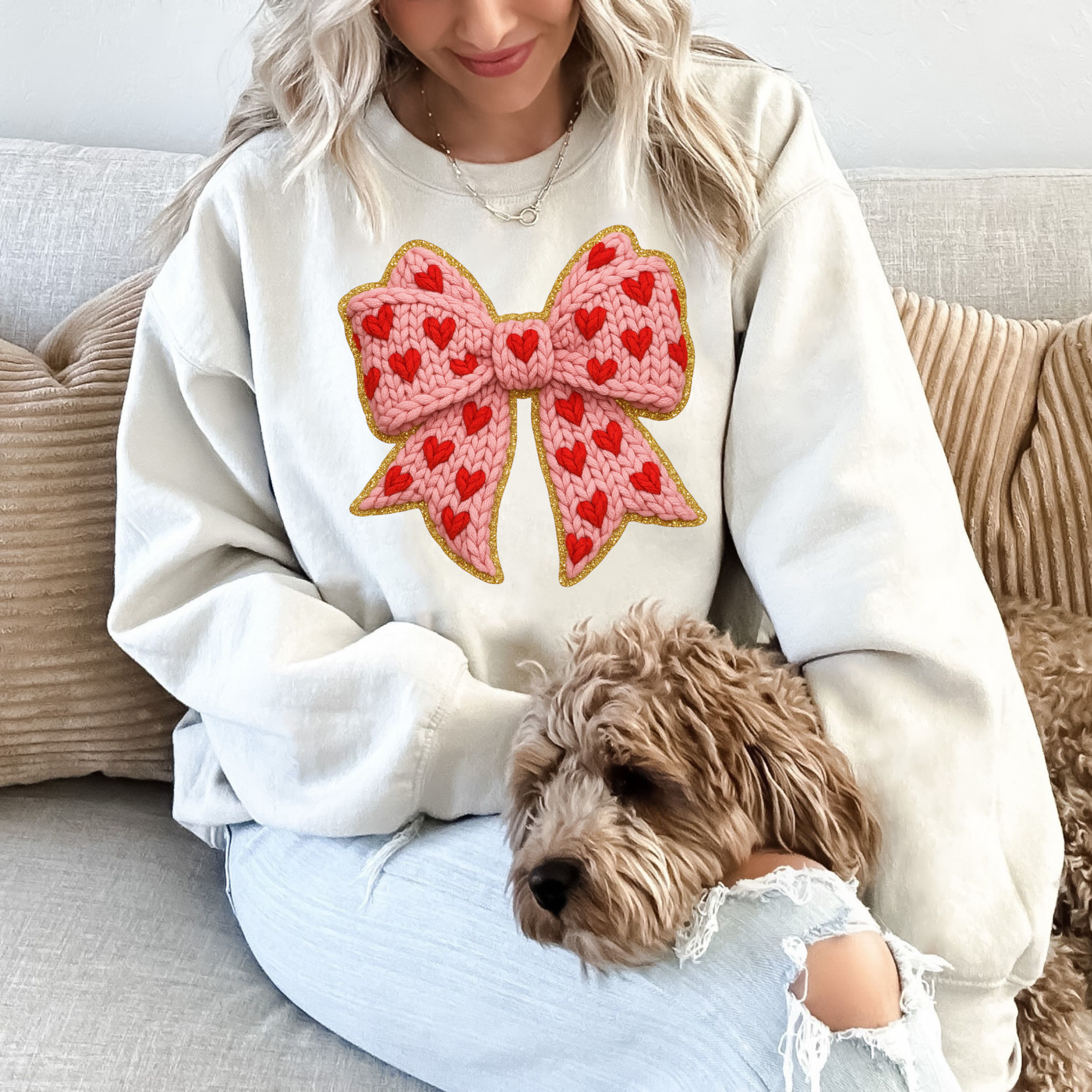 Valentine Knit Bow with Hearts Crewneck, Graphic Sweatshirt
