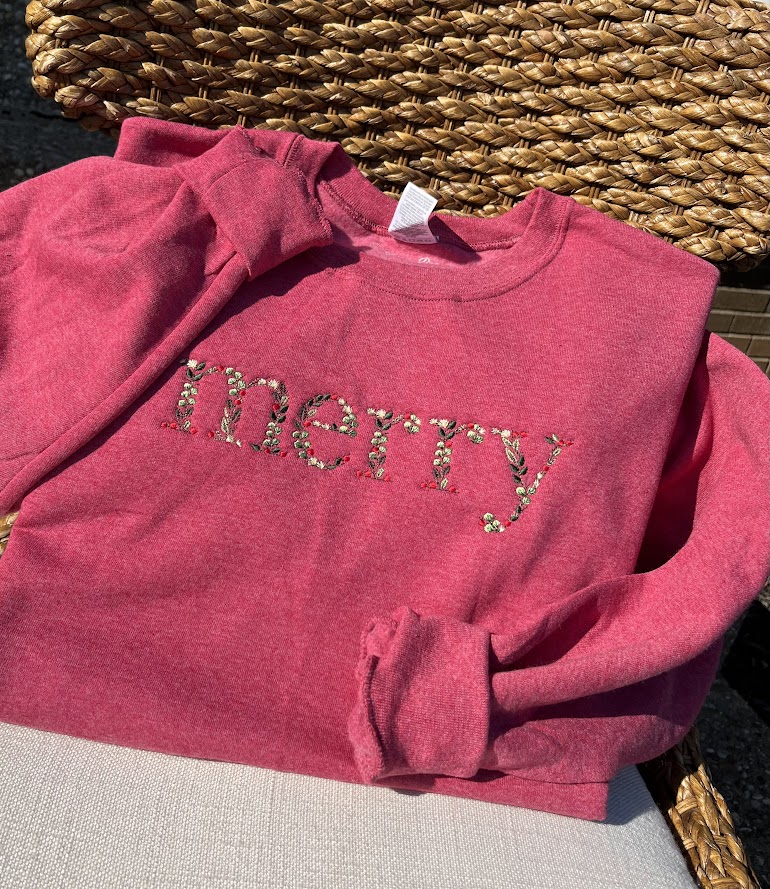 Merry Embroidered Crewneck, Christmas Sweatshirt