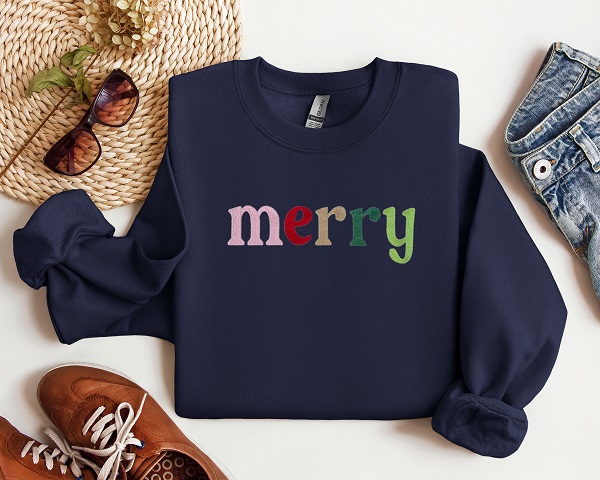 Embroidered Merry Holiday Crewneck, Christmas Sweatshirt