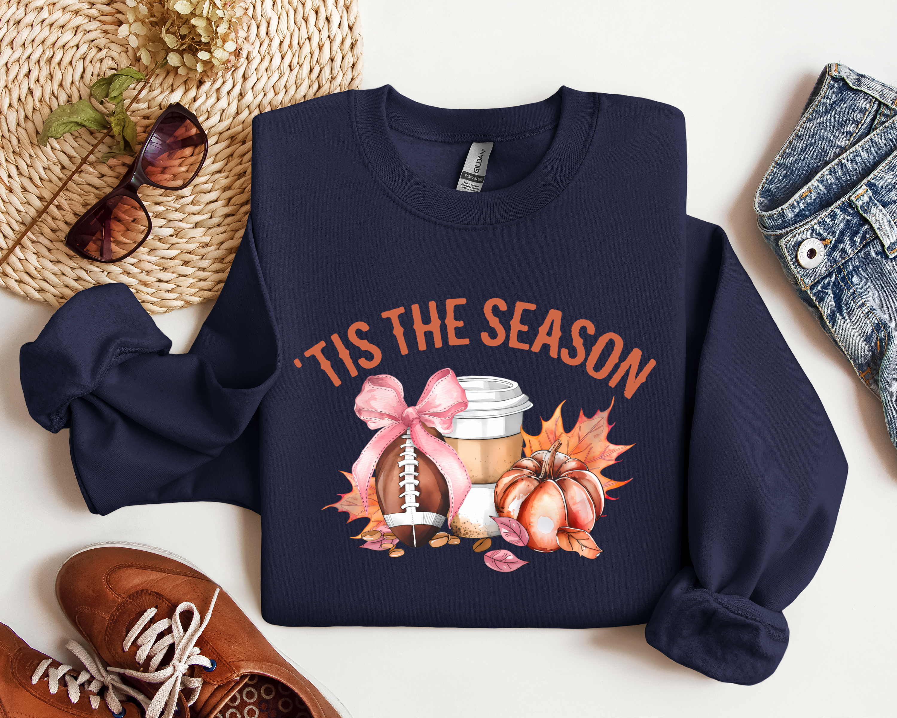 Tis the Season Coquette Graphic Crewneck, Football, Pumpkin
