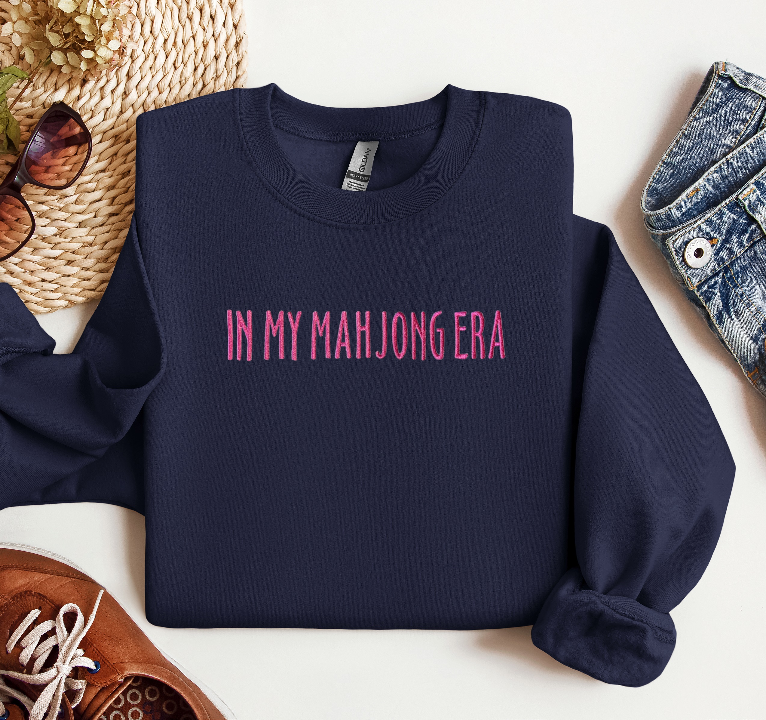 Embroidered "In My Mahjong Era" Crewneck, Trendy Sweatshirt