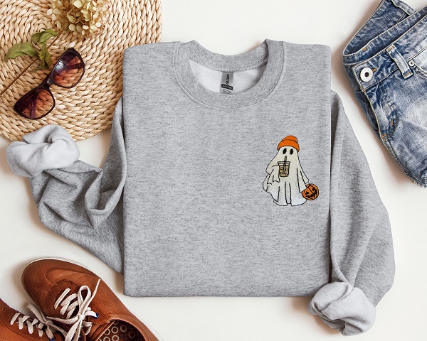 Embroidered Ghost with Iced Coffee Crewneck, Halloween
