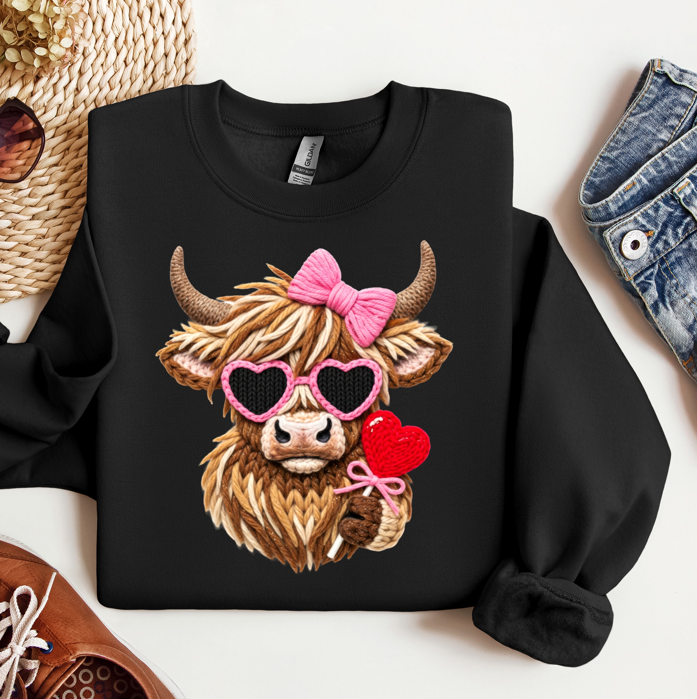 Valentine Highland Cow Pink Bow Crewneck, Graphic Sweatshirt