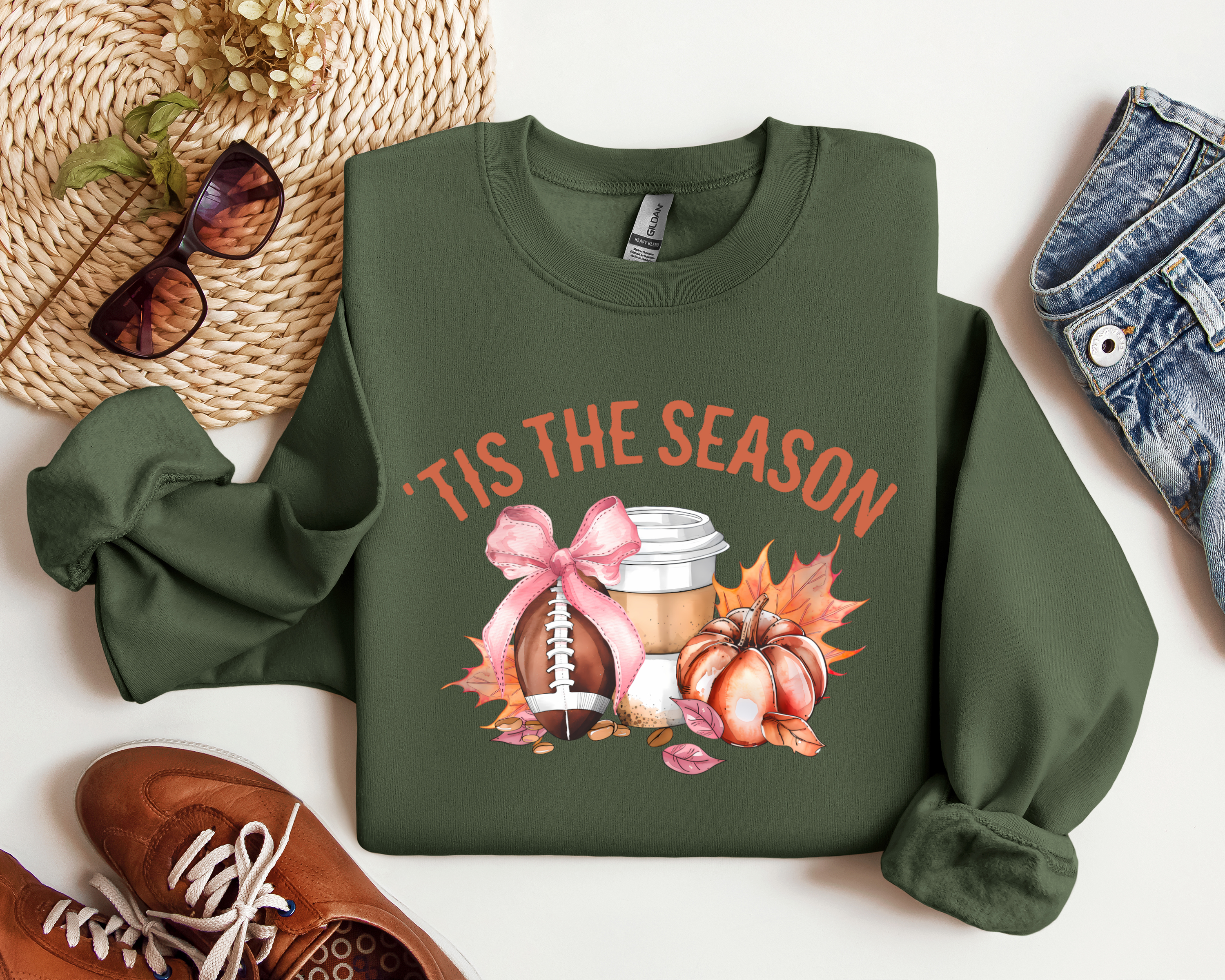 Tis the Season Coquette Graphic Crewneck, Football, Pumpkin