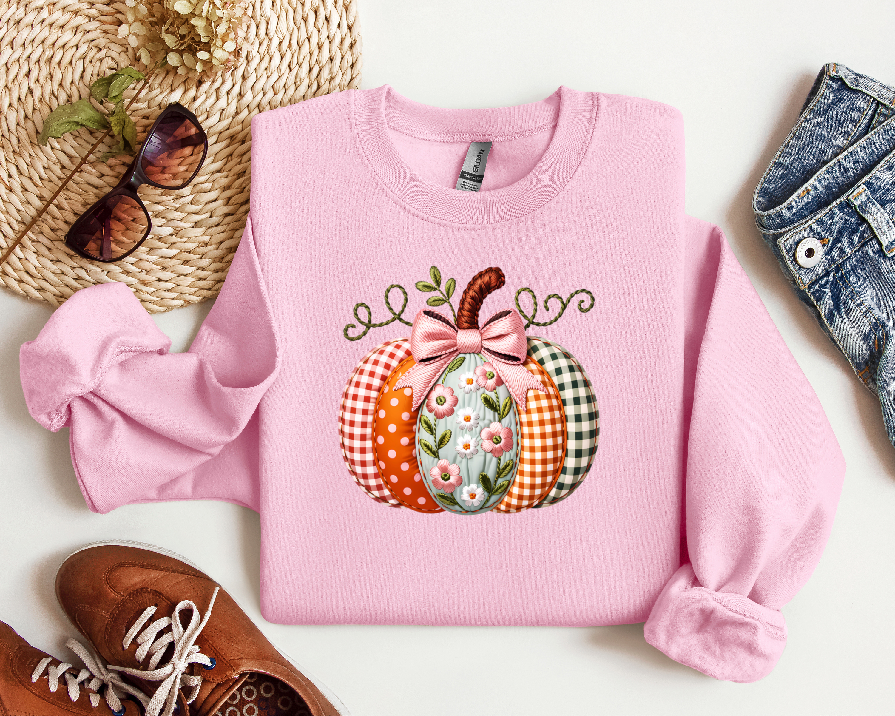 Fall Pumpkin Faux Embroidered Sweatshirt, Autumn Crewneck
