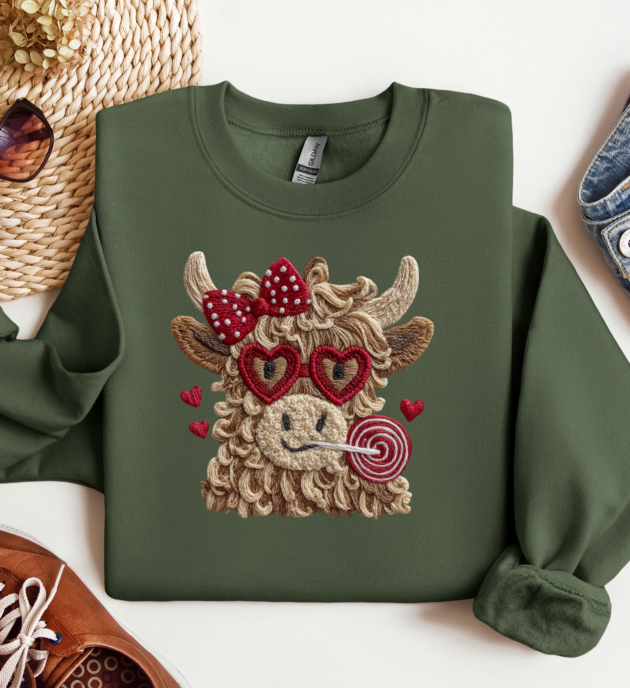 Highland Cow Red Bow Valentine Crewneck, Graphic Sweatshirt