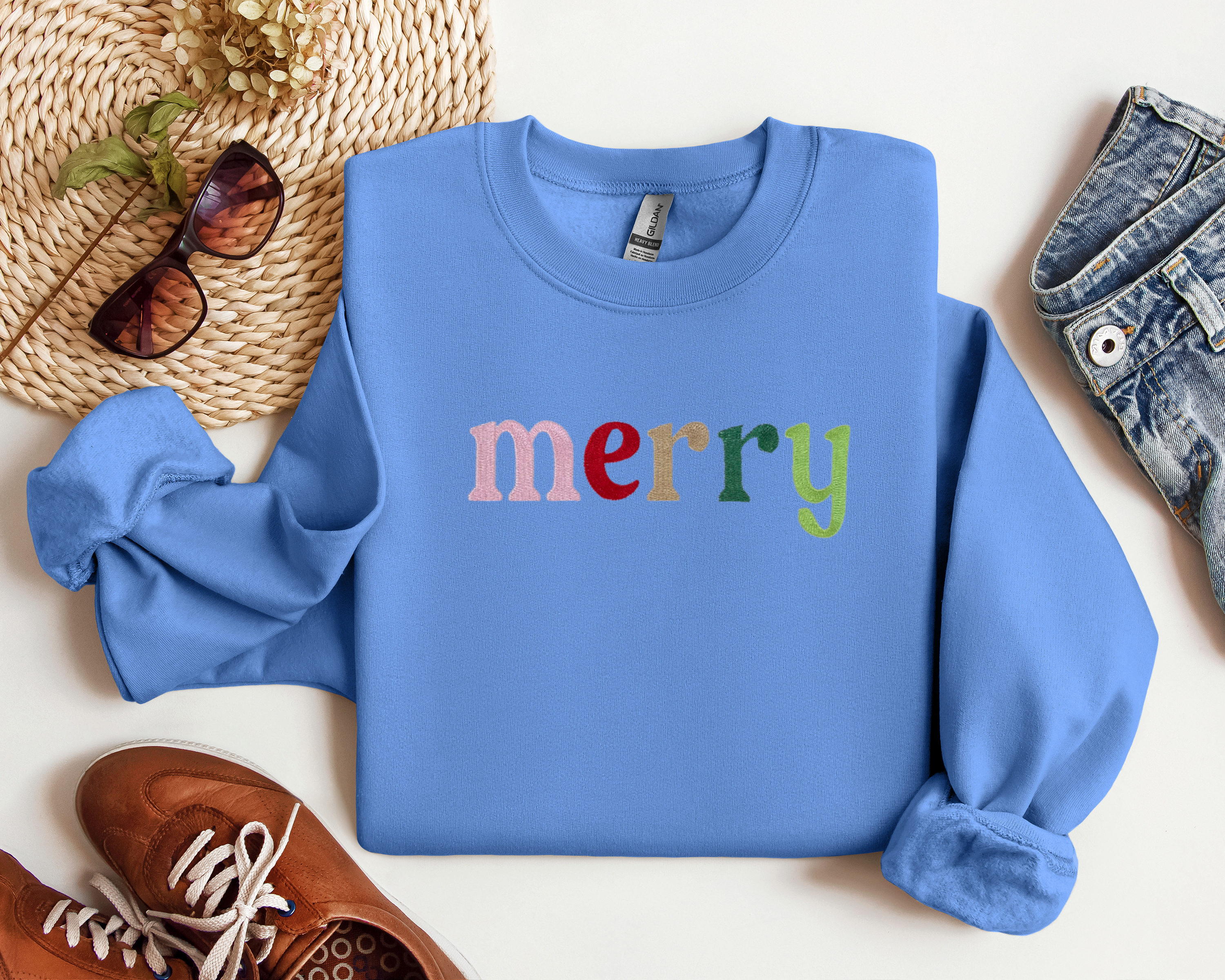Embroidered Merry Holiday Crewneck, Christmas Sweatshirt