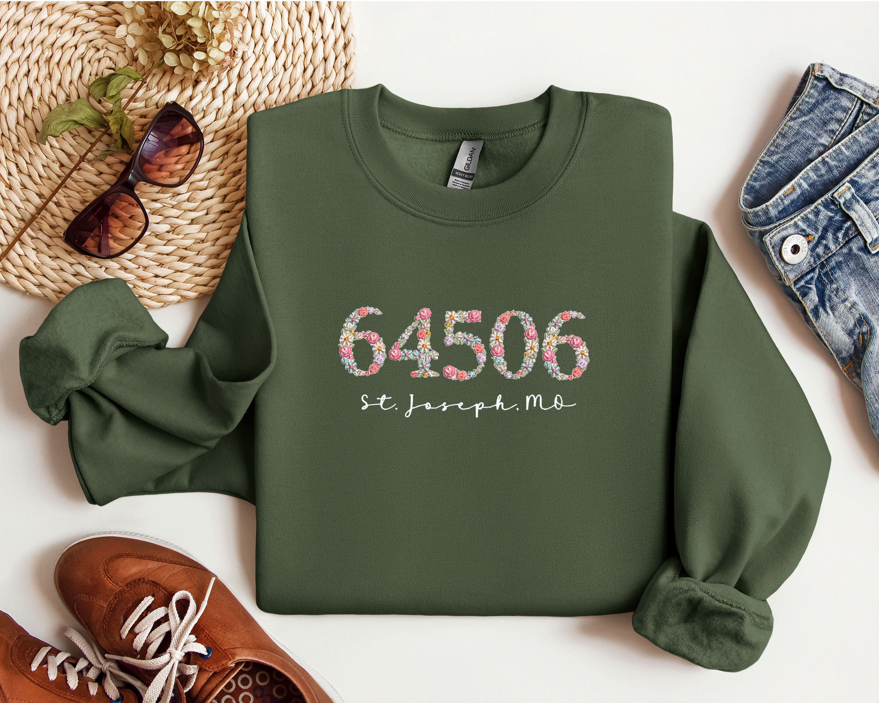 Custom Zip Code with your City, State, Floral Embroidery