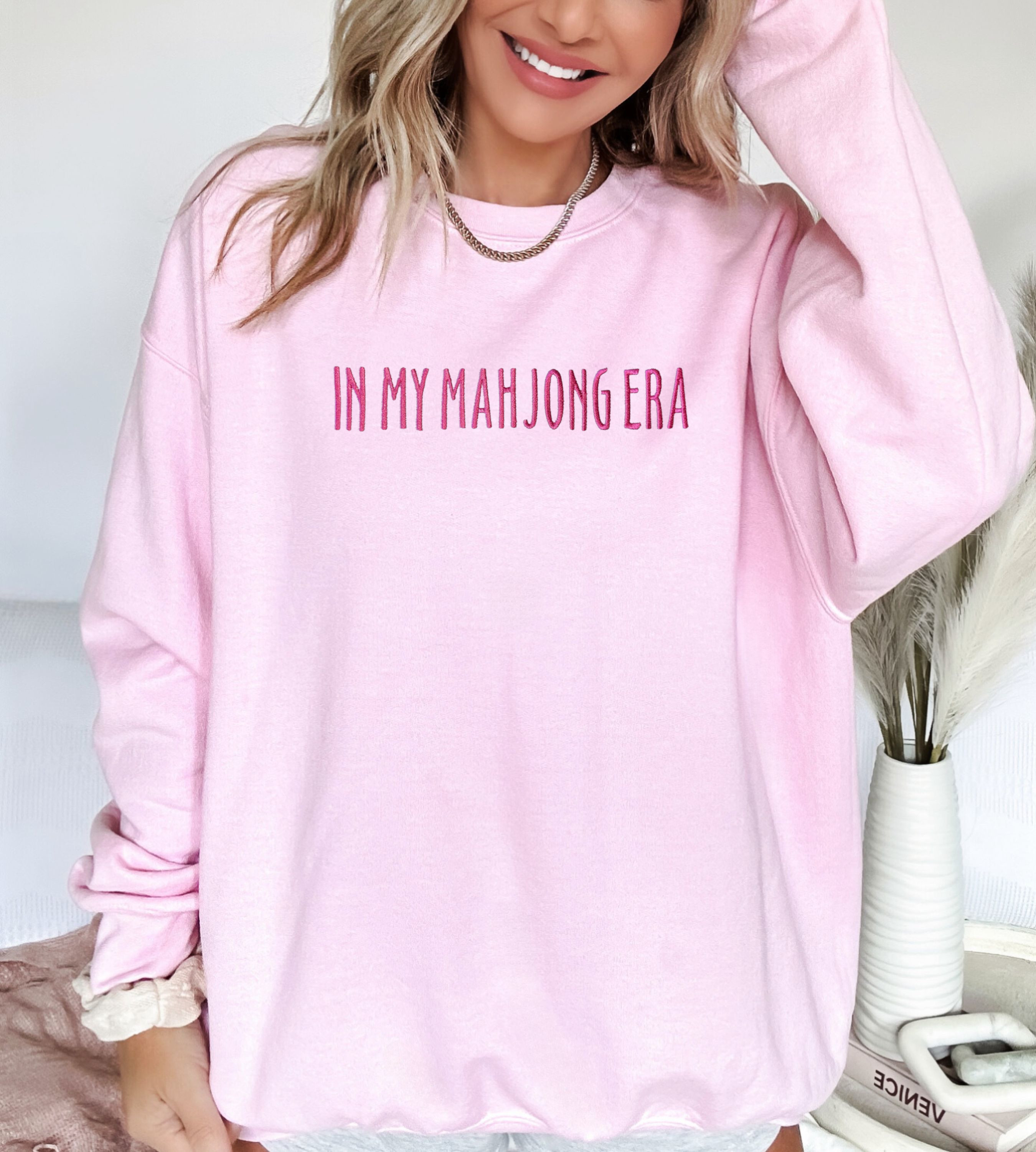 Embroidered "In My Mahjong Era" Crewneck, Trendy Sweatshirt