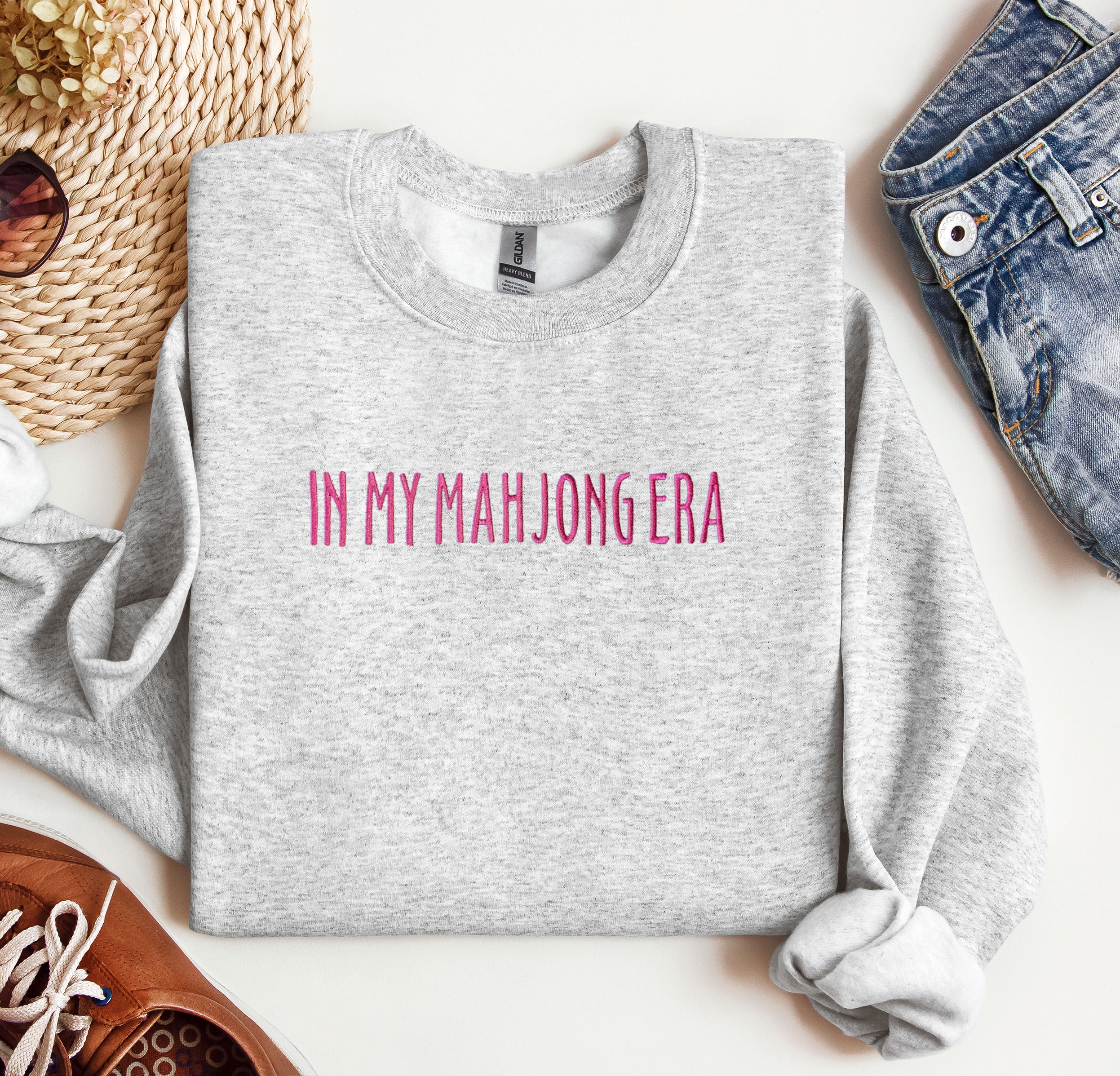 Embroidered "In My Mahjong Era" Crewneck, Trendy Sweatshirt