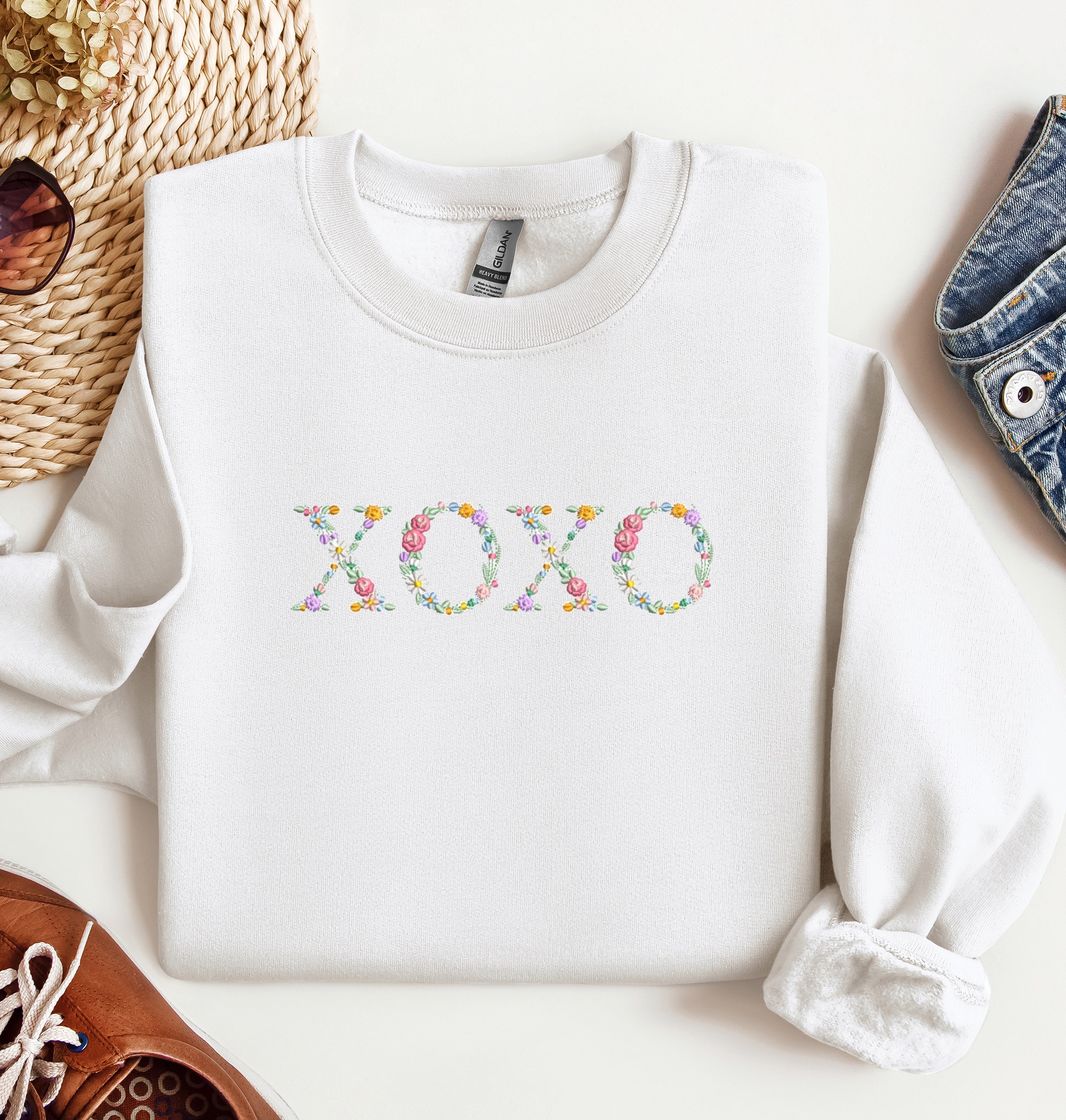 XOXO Floral Embroidered Crewneck, Valentine Sweatshirt