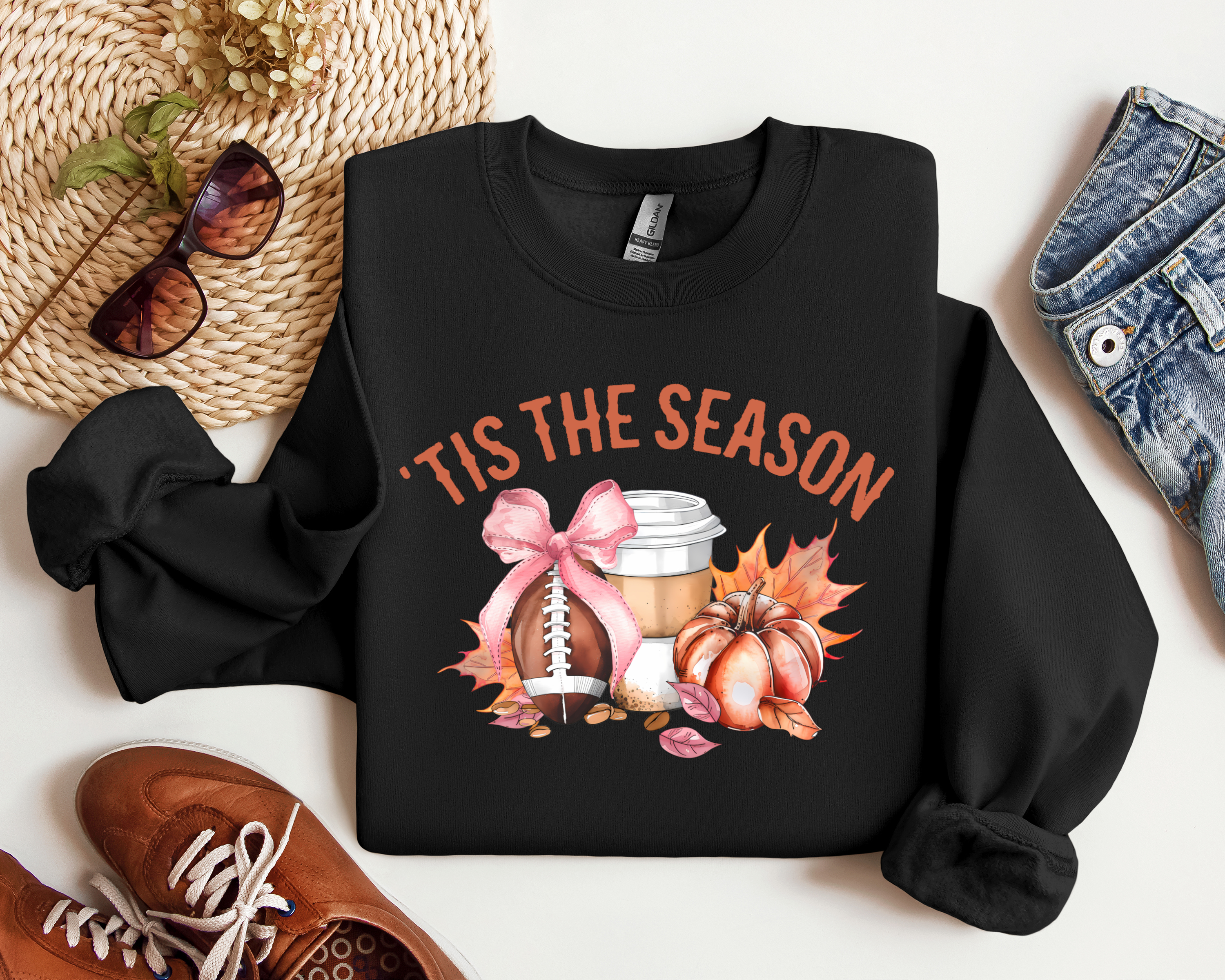 Tis the Season Coquette Graphic Crewneck, Football, Pumpkin