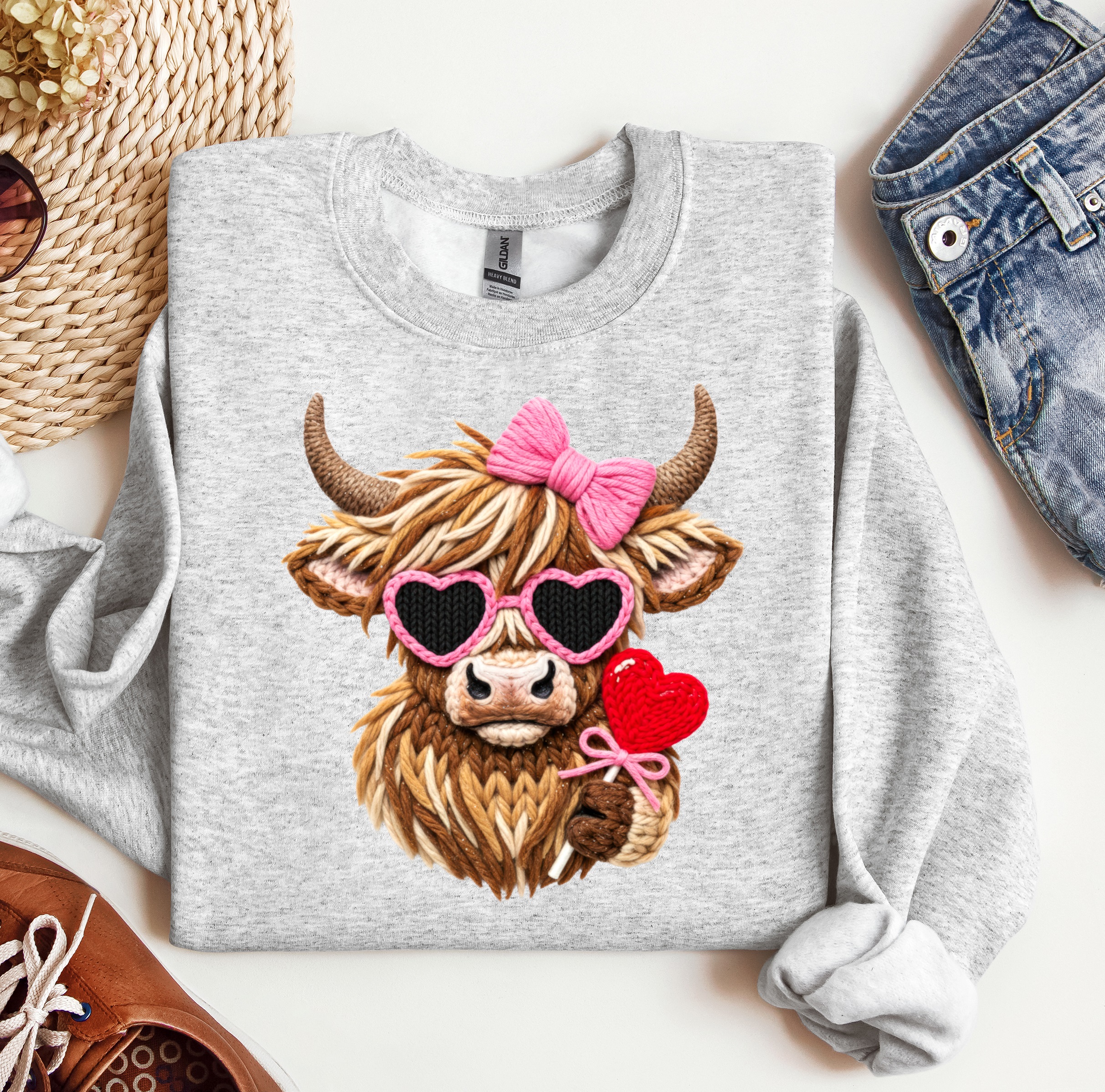 Valentine Highland Cow Pink Bow Crewneck, Graphic Sweatshirt