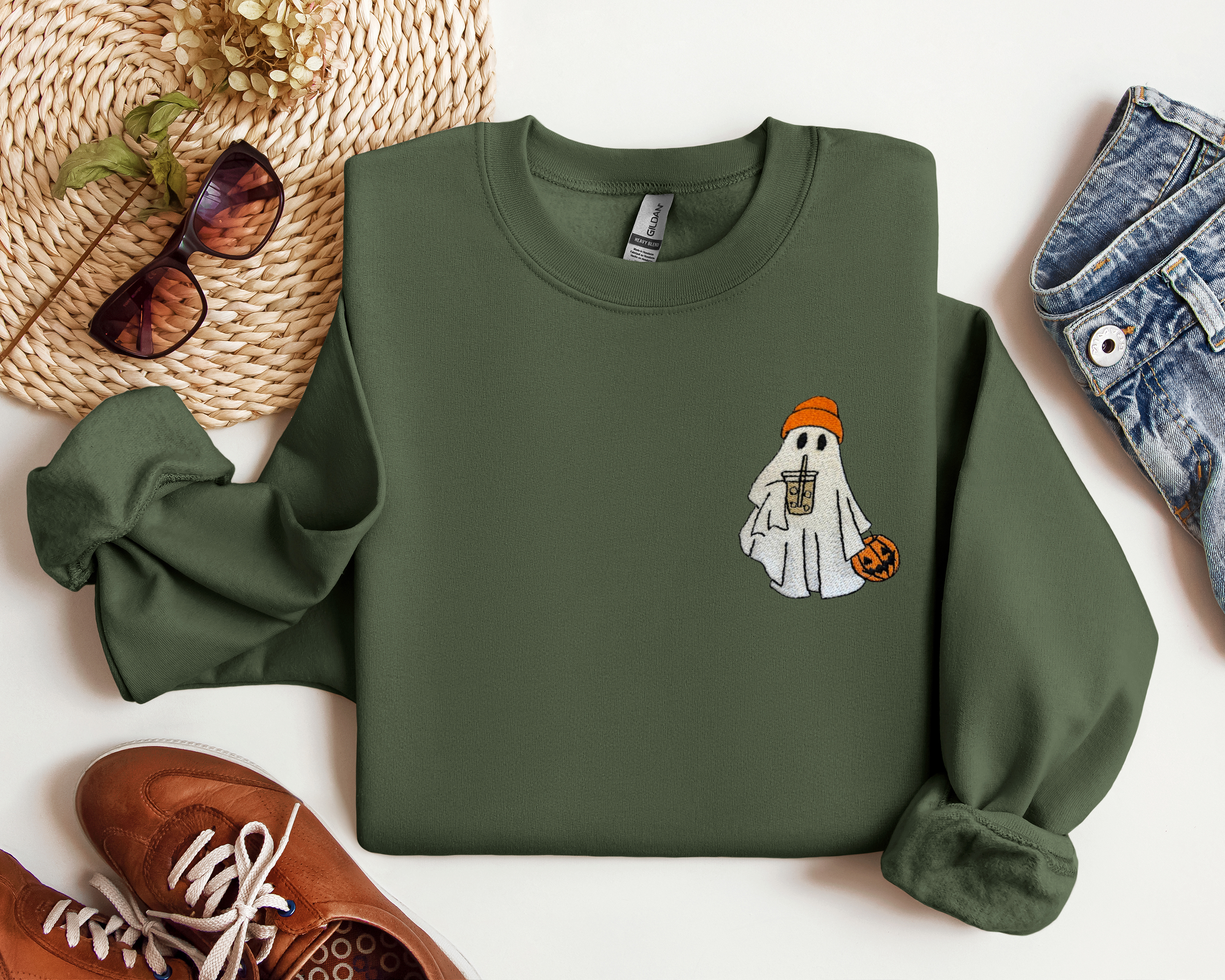 Embroidered Ghost with Iced Coffee Crewneck, Halloween