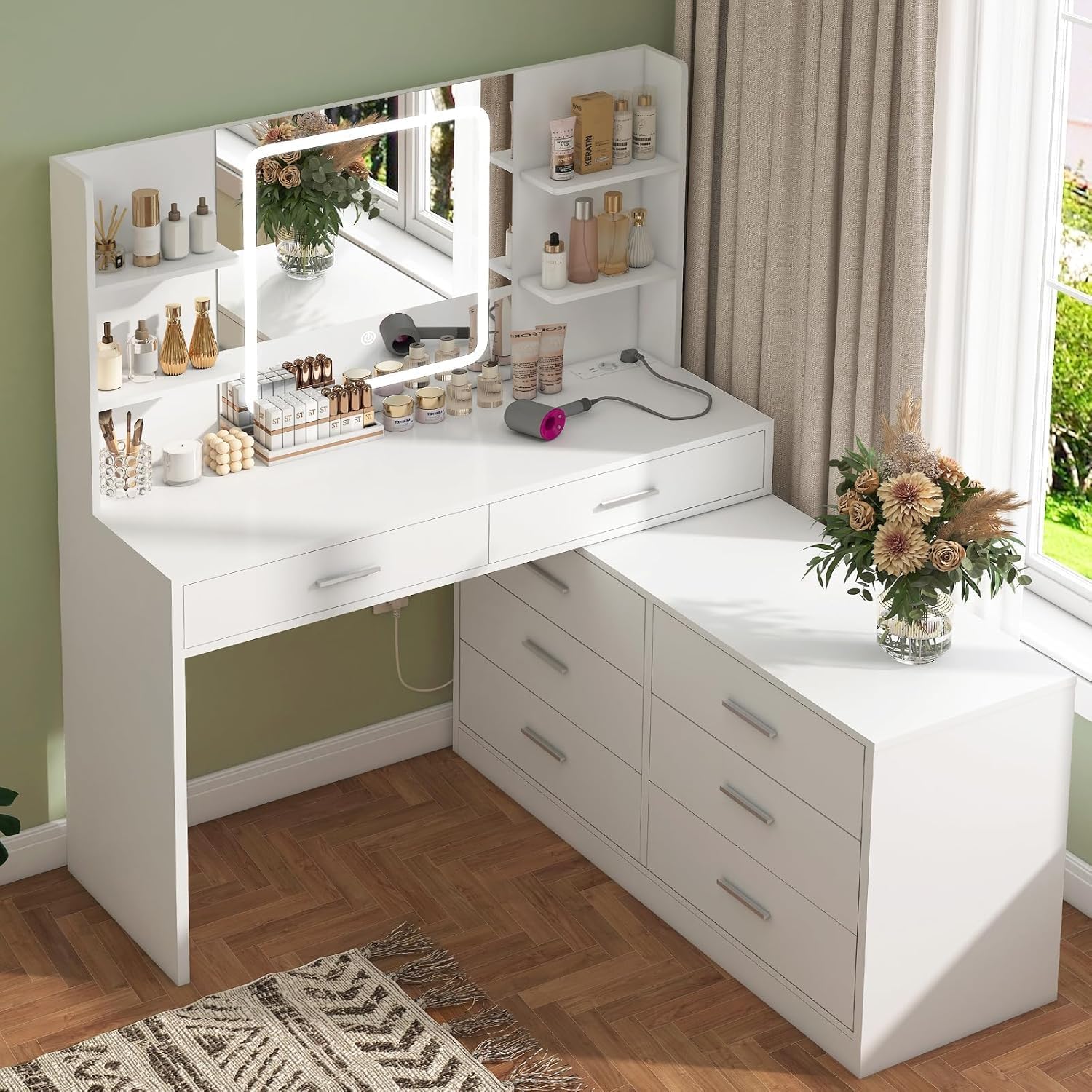 Vanity Table with LED Mirror & Power Outlet