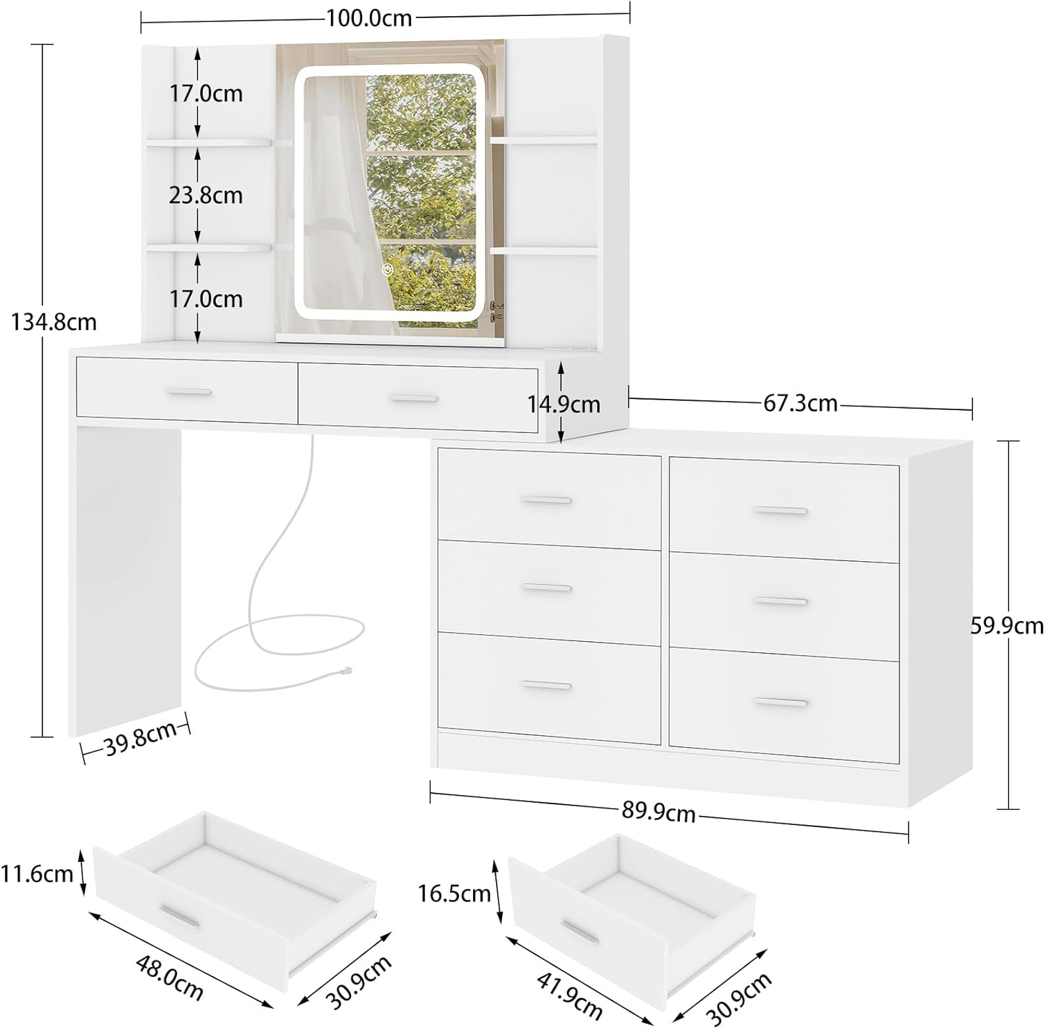Vanity Table with LED Mirror & Power Outlet
