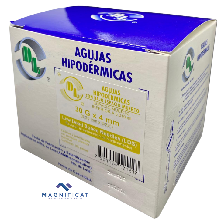 AGUJA HIP 30GX4MM (0.30MMX5/32") LDS C/100 BAJO ESPACIO MUERTO DENTILAB