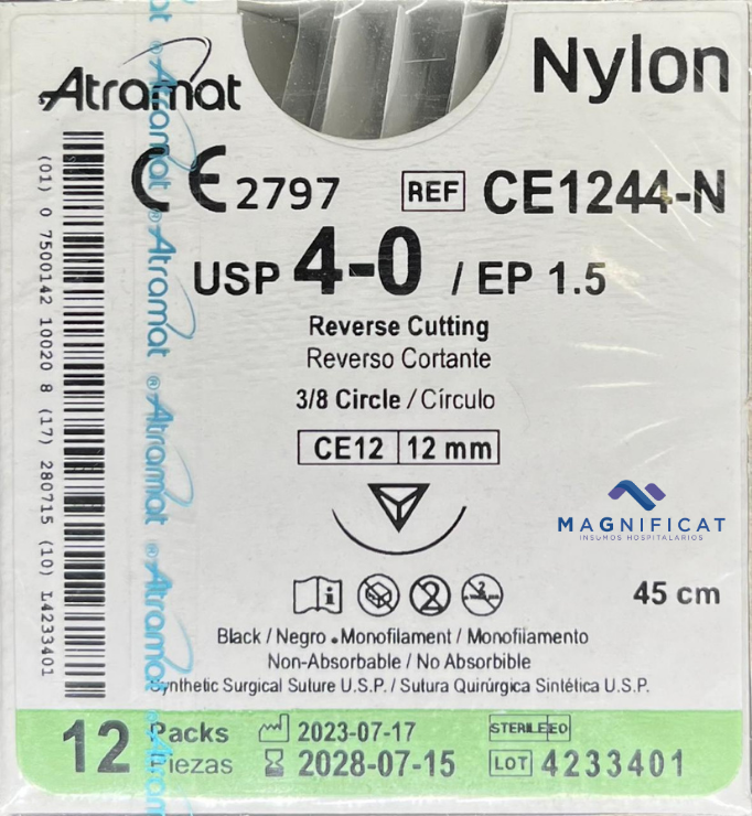 SUTURA NYLON 4-0 12MM 45CM CORTANTE C/12 CE1244-N ATRAMAT