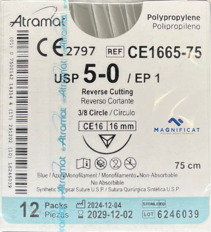 SUTURA POLIPROPILENO 5-0 16MM 75CM CORTANTE C/12 CE1665-75 ATRAMAT