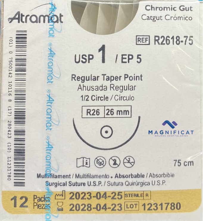 SUTURA CATGUT CROMICO 1 26MM 75CM AHUSADA C/12 R2618-75 ATRAMAT