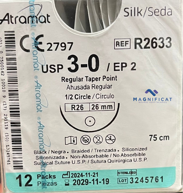 SUTURA SEDA 3-0 26MM 75CM AHUSADA C/12 R2633 ATRAMAT