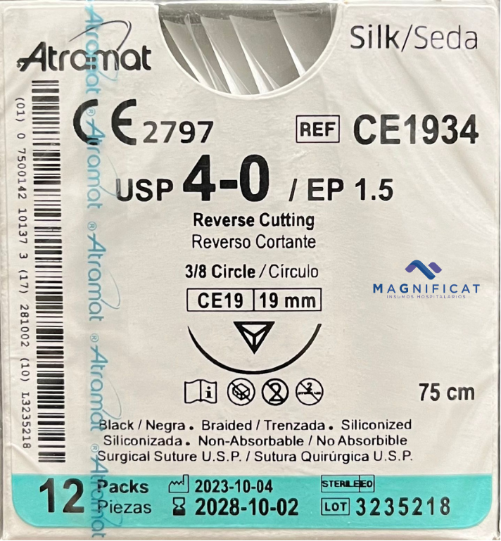 SUTURA SEDA 4-0 19MM 75CM CORTANTE C/12 CE1934 ATRAMAT