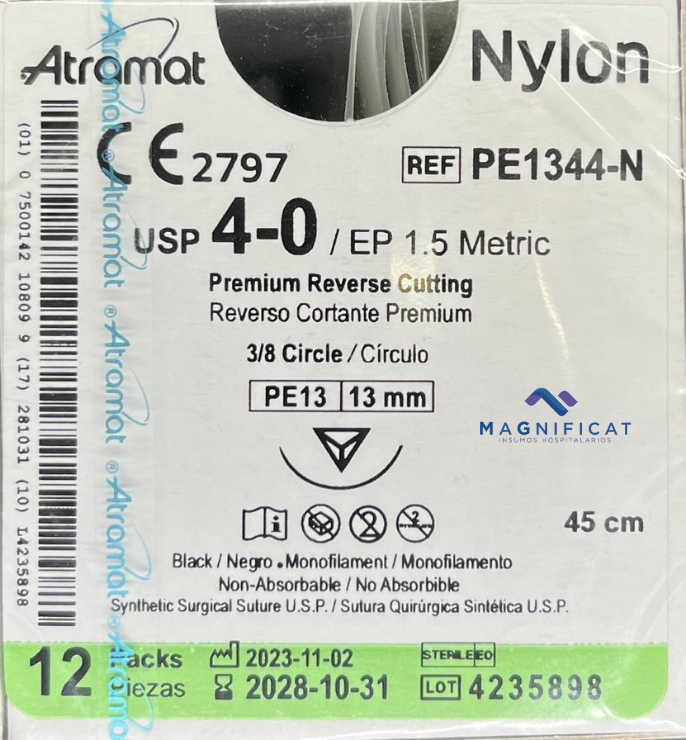 SUTURA NYLON 4-0 13MM 45CM CORTANTE C/12 PE1344-N ATRAMAT