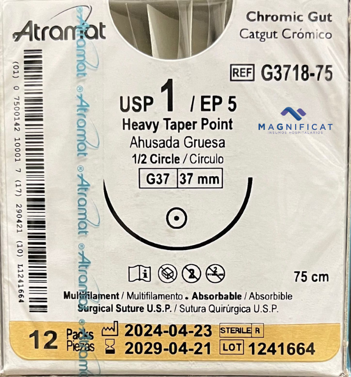 SUTURA CATGUT CROMICO 1 37MM 75CM AHUSADA C/12 G3718-75 ATRAMAT