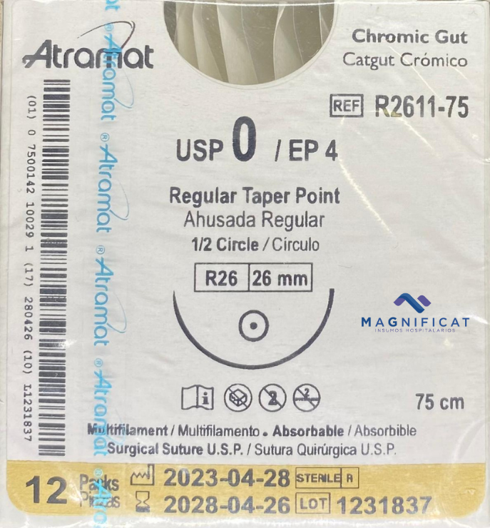 SUTURA CATGUT CROMICO 0 26MM 75CM AHUSADA C/12 R2611-75 ATRAMAT