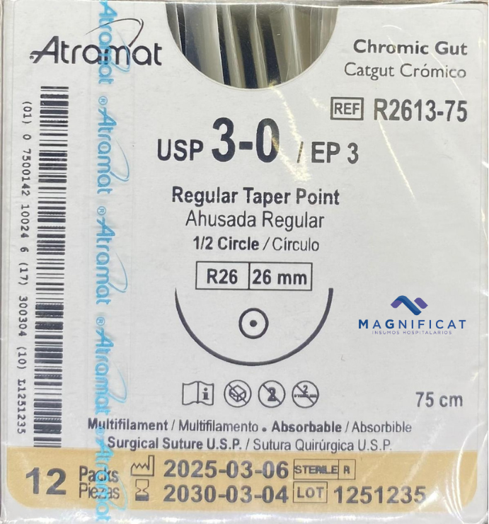 SUTURA CATGUT CROMICO 3-0 26MM 75CM AHUSADA C/12 R2613-75 ATRAMAT