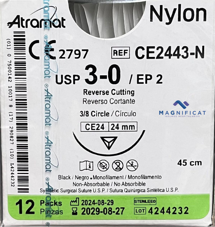 SUTURA NYLON 3-0 24MM 45CM CORTANTE C/12 CE2443-N ATRAMAT