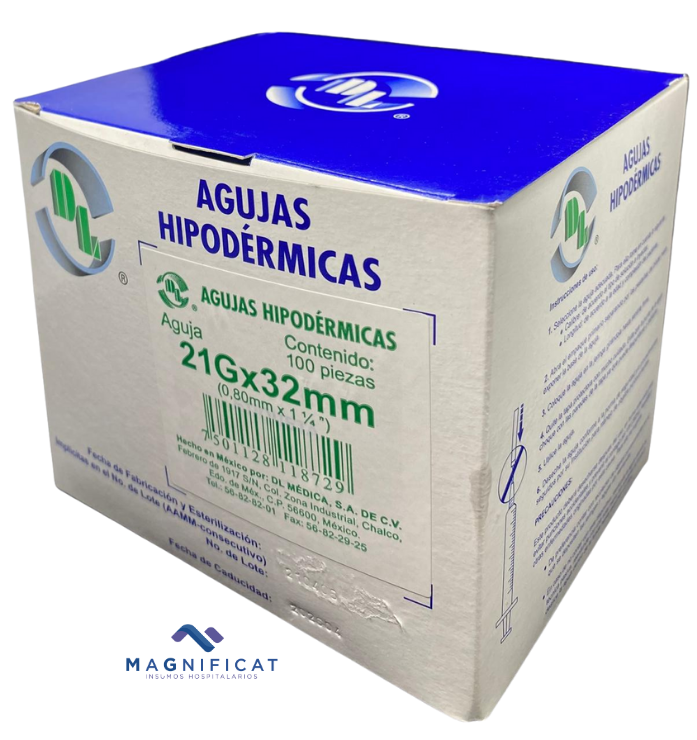 AGUJA HIPODERMICA 21GX32MM VERDE (1 1/4) C/100 DENTILAB