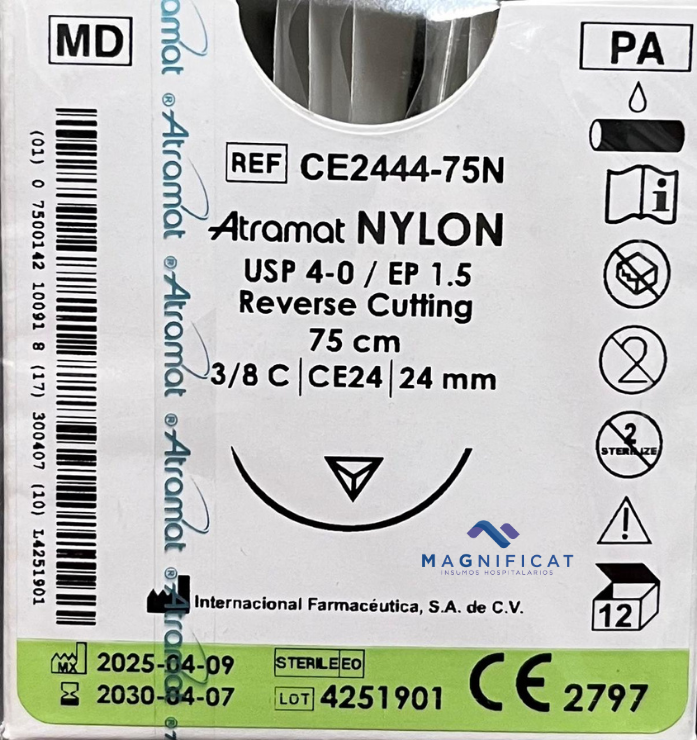 SUTURA NYLON 4-0 24MM 75CM CORTANTE C/12 CE2444-75N ATRAMAT