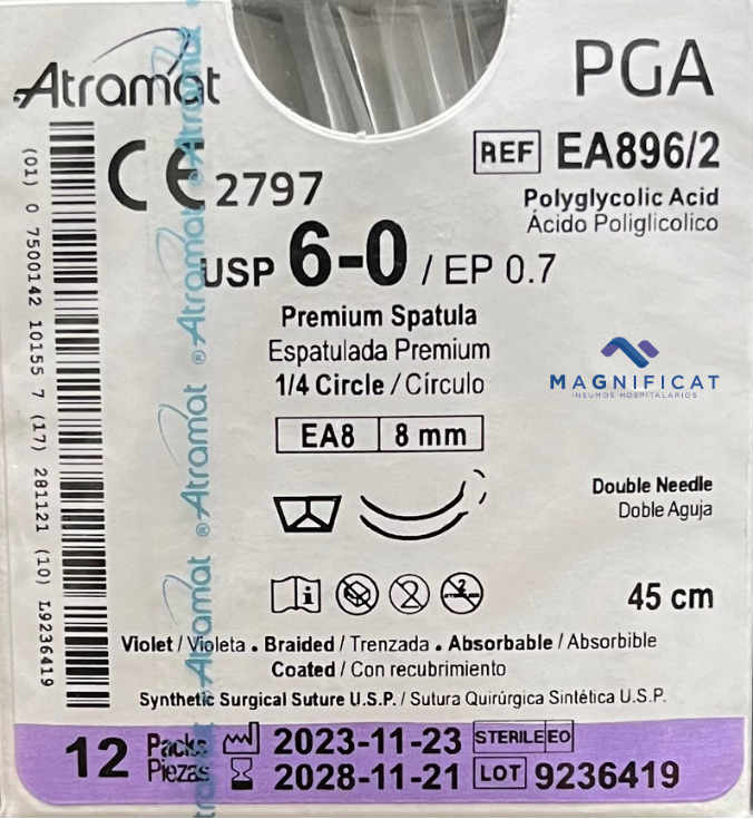 SUTURA PGA 6-0 8MM 45CM C/12 ESPATATULADA (DOBLE AGUJA) EA896/2 ATRAMAT