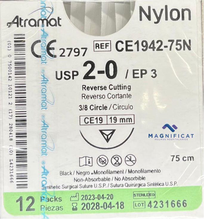 SUTURA NYLON 2-0 19MM 75CM CORTANTE C/12 CE1942-75N ATRAMAT