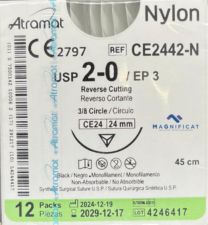 SUTURA NYLON 2-0 24MM 45CM CORTANTE C/12 CE2442-N ATRAMAT