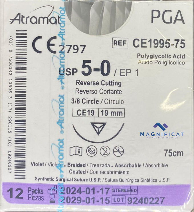 SUTURA PGA 5-0 19MM 75CM CORTANTE C/12 CE1995-75 ATRAMAT