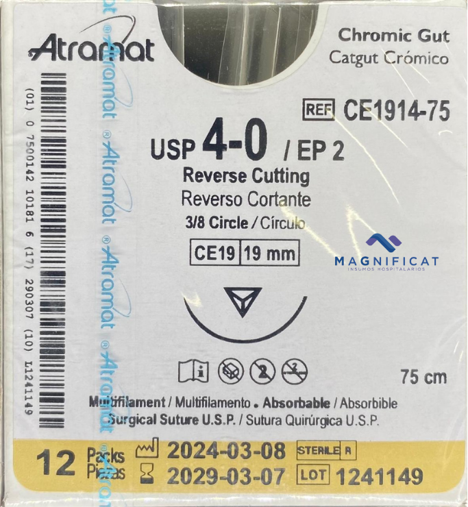 SUTURA CATGUT CROMICO 4-0 19MM 75CM CORTANTE C/12 CE1914-75 ATRAMAT