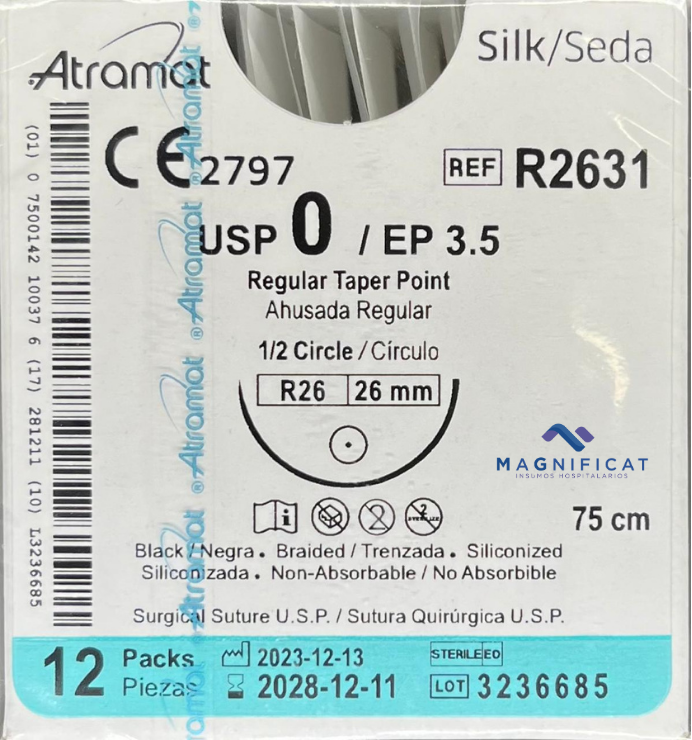 SUTURA SEDA 0 26MM 75CM AHUSADA C/12 R2631 ATRAMAT