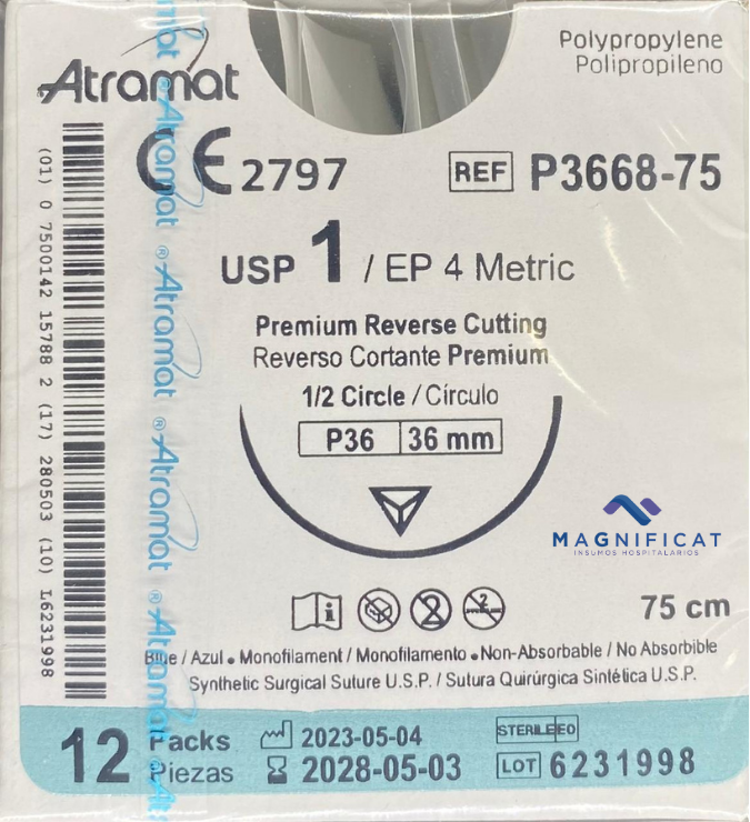 SUTURA POLIPROPILENO 1 36MM 75CM CORTANTE C/12 P3668-75 ATRAMAT