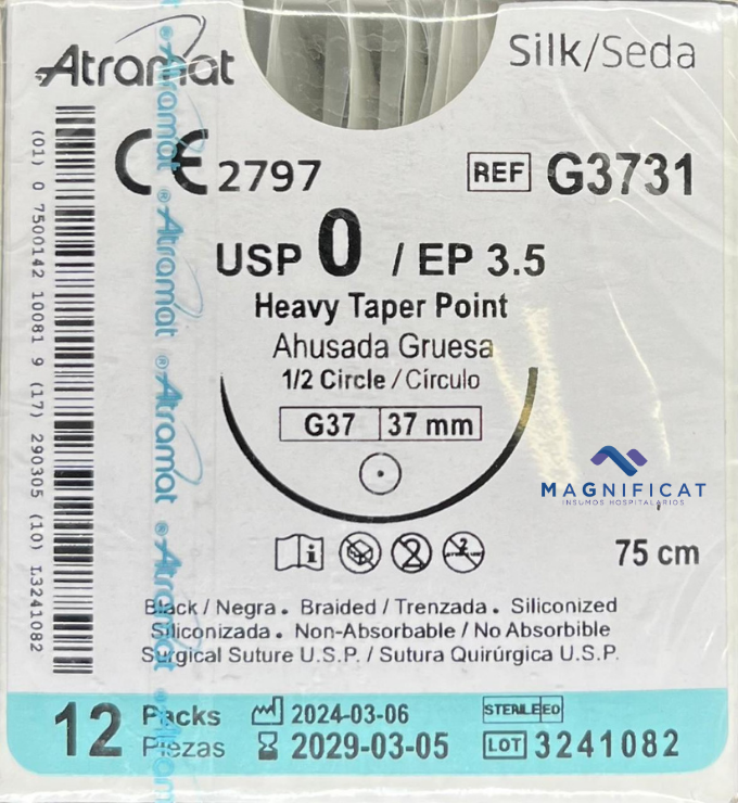 SUTURA SEDA 0 37MM 75CM AHUSADA C/12 G3731 ATRAMAT