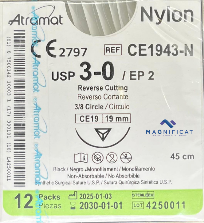 SUTURA NYLON 3-0 19MM 45CM CORTANTE C/12 CE1943-N ATRAMAT