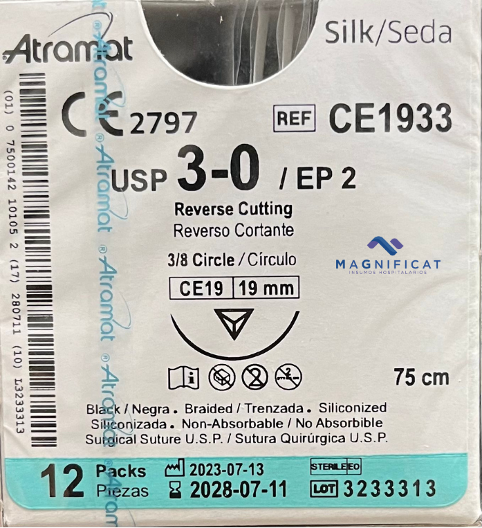 SUTURA SEDA 3-0 19MM 75CM CORTANTE C/12 CE1933 ATRAMAT