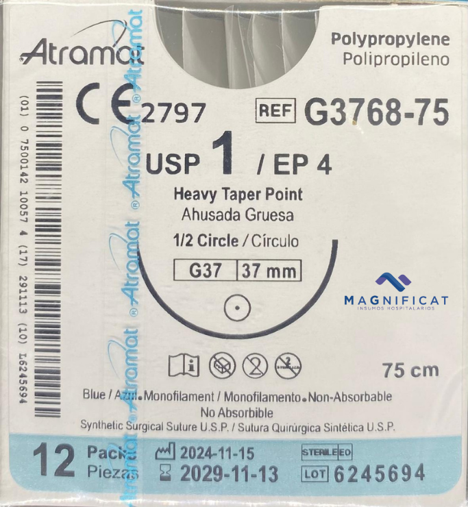 SUTURA POLIPROPILENO 1 37MM 75CM AHUSADA C/12 G3768-75 ATRAMAT