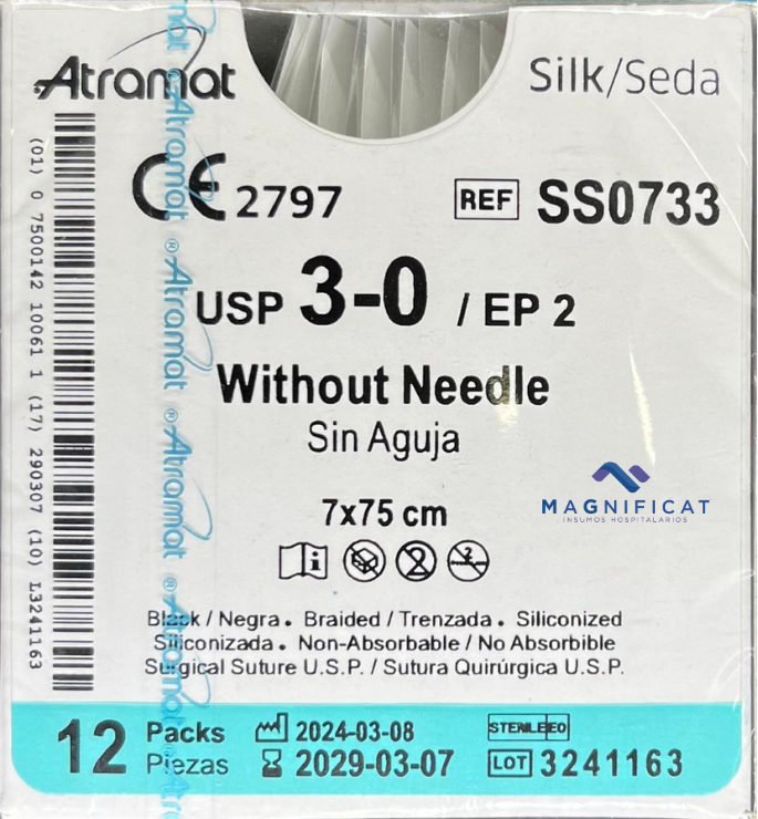 SUTURA SEDA 3-0 S/AGUJA 7X75CM C/12 SS0733 ATRAMAT