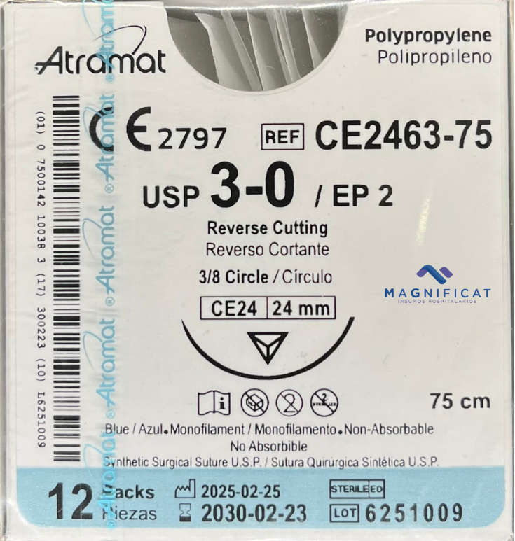 SUTURA POLIPROPILENO 3-0 24MM 75CM CORTANTE C/12 CE2463-75 ATRAMAT