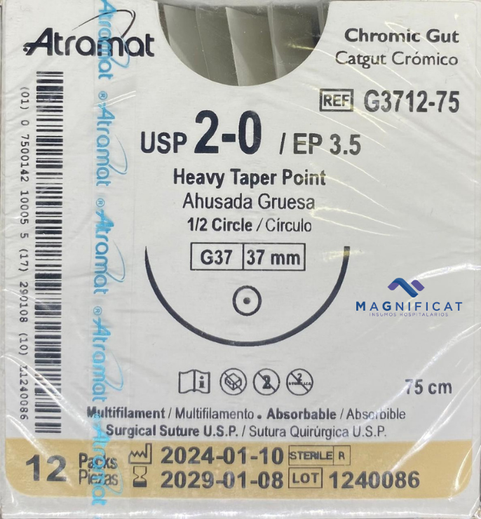 SUTURA CATGUT CROMICO 2-0 37MM 75CM AHUSADA C/12 G3712-75 ATRAMAT