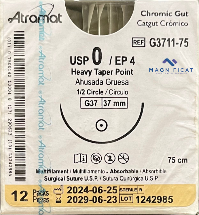 SUTURA CATGUT CROMICO 0 37MM 75CM AHUSADA C/12 G3711-75 ATRAMAT